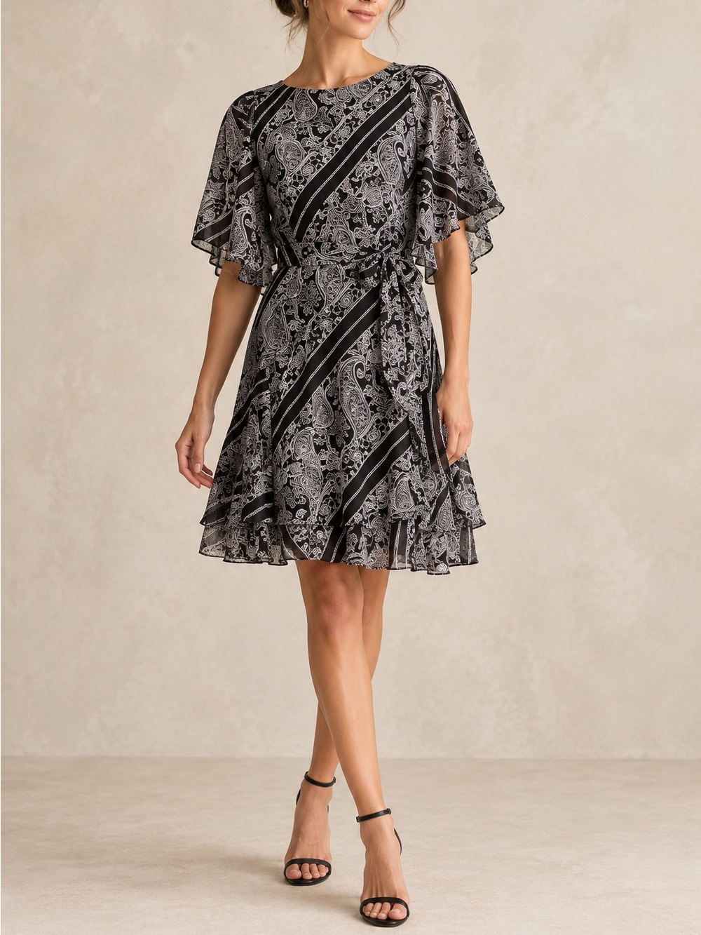 Lauren Ralph Lauren Paisley Chiffon Flutter Sleeve Belted Dress Black White 8